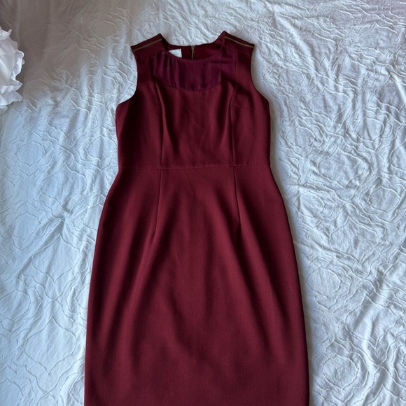 Donna Morgan Rich Burgundy Midi Dress Gold Zipper Detail and Mesh Neckline - Picture 1 of 9
